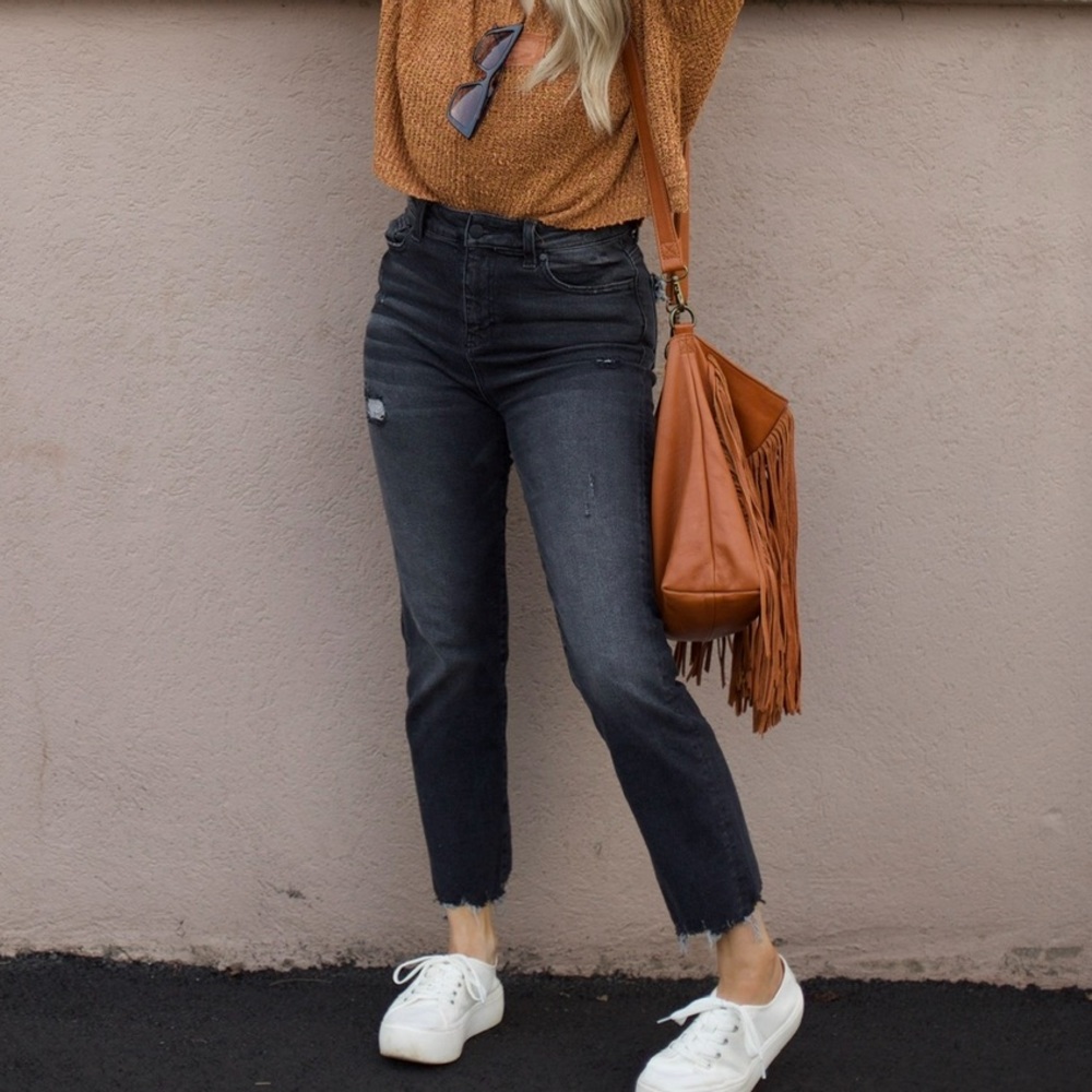 Kendall and Kylie black distressed icon high rise straight jeans